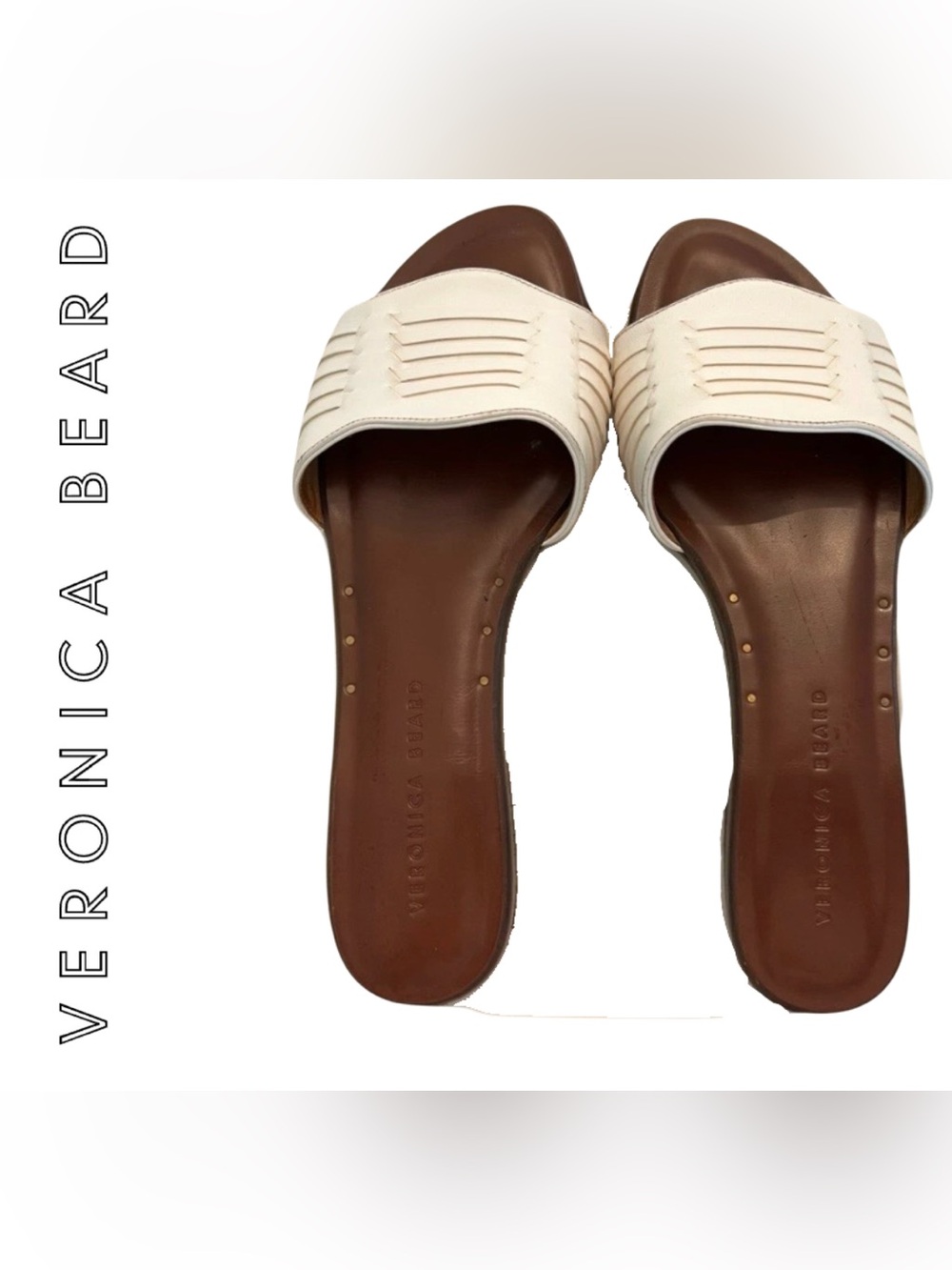 Veronica Beard Cream Leather Slide Clogs with Brown Footbed. SZ 8